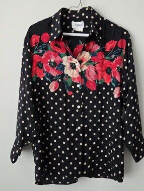 Vintage Made in France Le Garage Silk Flora Blouse with Polkadots